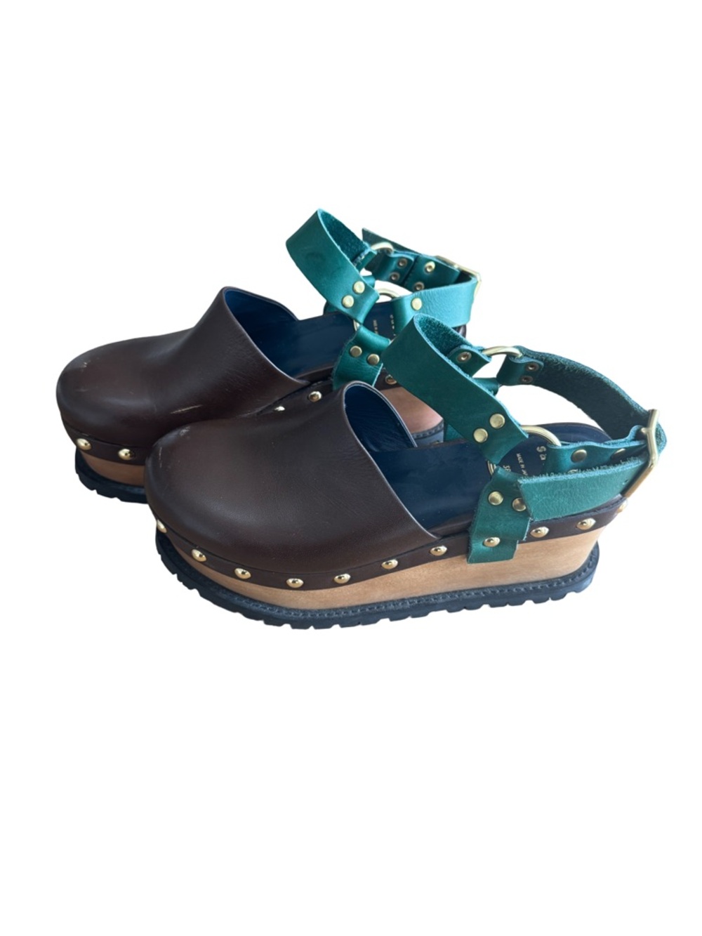 Sacai Wooden Wedge Stud Colourblock Leather Clogs - Picture 9 of 9